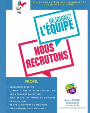RECRUTEMENTS D&rsquo;EDUCATEURS SPORTIFS POUR DES MISSIONS PONCTUELLES, DU LUNDI 3 AU VENDREDI 14 AVRIL 2023.