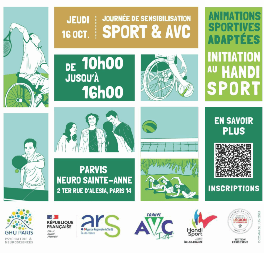 Affiche de la journée de sensibilisation SPORT et AVC, avec des images des ports proposés : tennis, tennis de table, basket, hand et yoga